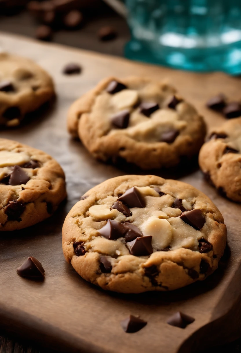 (((4k, high resolution, foto profissional))), gerar a imagem se um biscoito cookie, cookie, de gotas de chocolate e nozes, on a rustic wooden counter, ao fundo um lago, colinas e cachoeiras, biscoito cookie a frente, profundidade de campo, behind the scenery of a lake and hills. Cookie de gotas de chocolate e nozes. Realista. Photo by the best photographer in the world