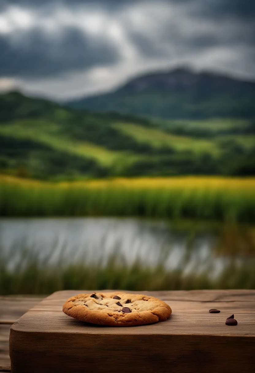 (((4k, high resolution, foto profissional))), gerar a imagem se um biscoito cookie, cookie, de gotas de chocolate e nozes, on a rustic wooden counter, ao fundo um lago, colinas e cachoeiras, biscoito cookie a frente, profundidade de campo, behind the scenery of a lake and hills. Cookie de gotas de chocolate e nozes. Realista. Photo by the best photographer in the world 