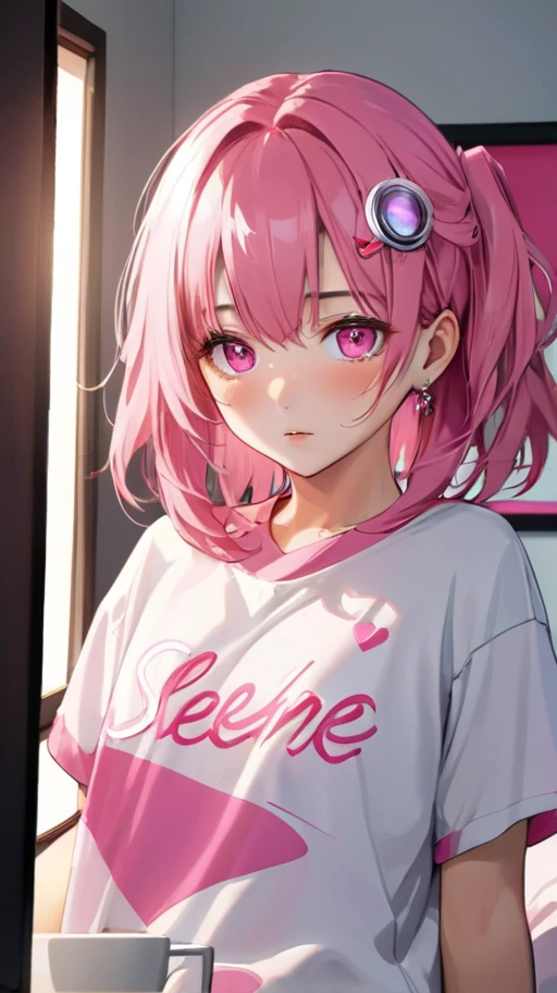 Girl streaming live, pink hair, pink eye, jersey pink with name selene