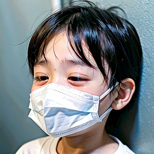 Handsome  with infectious disease、Appearance of suffering. He is wearing a white mask. He has a high fever. he is sleeping. He has a cough. He is exhausted. He is taking his temperature with a thermometer. He is dying. He is cooling his forehead with a cooling gel sheet..Are crying