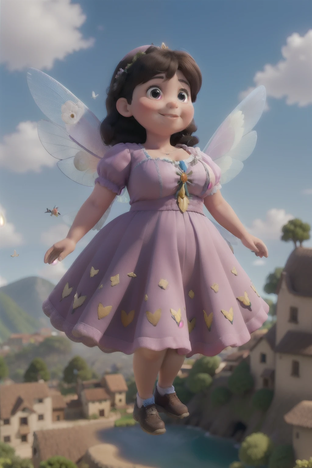 obra maestra, mejor calidad, a chubby lady magical fairy with wings, volando en un cielo soleado