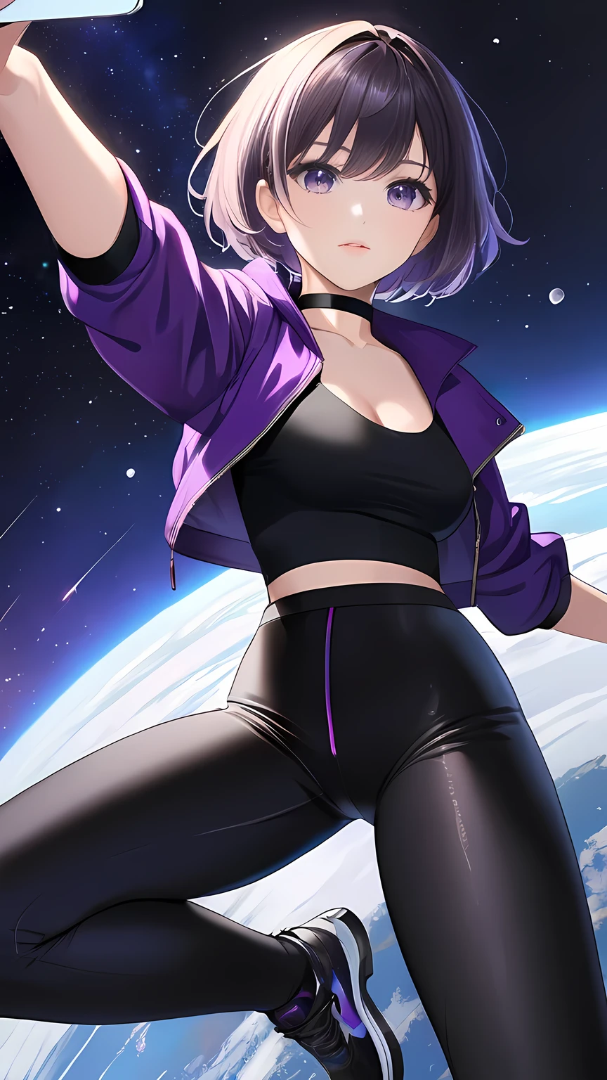 High-resolution anime digital art, Masterpiece, Short-haired, intelligent, strong, and sexy tomboy floated in outer space, purple pupil eyes, Wearing plain black long-sleeved spandex top with short purple jacket and long black pants, wearing a plain black choker, taking selfie in front of a black hole.