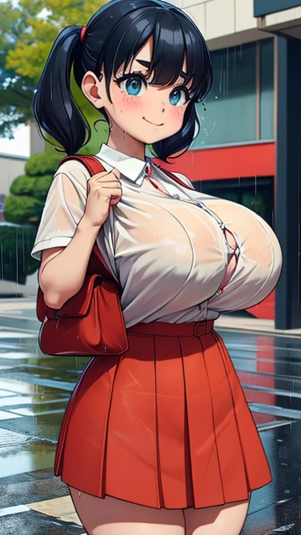 Anime girl taking a photo with a red backpack,Japanese school bags ,Upper body naked、 Changing clothes、Big Bra, tits, Enchanting anime girl, ], 4K], Black Hair、（Twin tails）, , a Surreal , Naughty anime style, , Surreal , ,Thick eyebrows、((超Big Breasts))、Big Breasts、Big nipples、Large areola、（((Petite girl))）、((skirt))、、、、High quality、Masterpiece、Perfect image quality、Unbalanced bust、A fitted shirt、（Perfect Anatomy）、、smile、Full Body Shot、Drenched in the rain