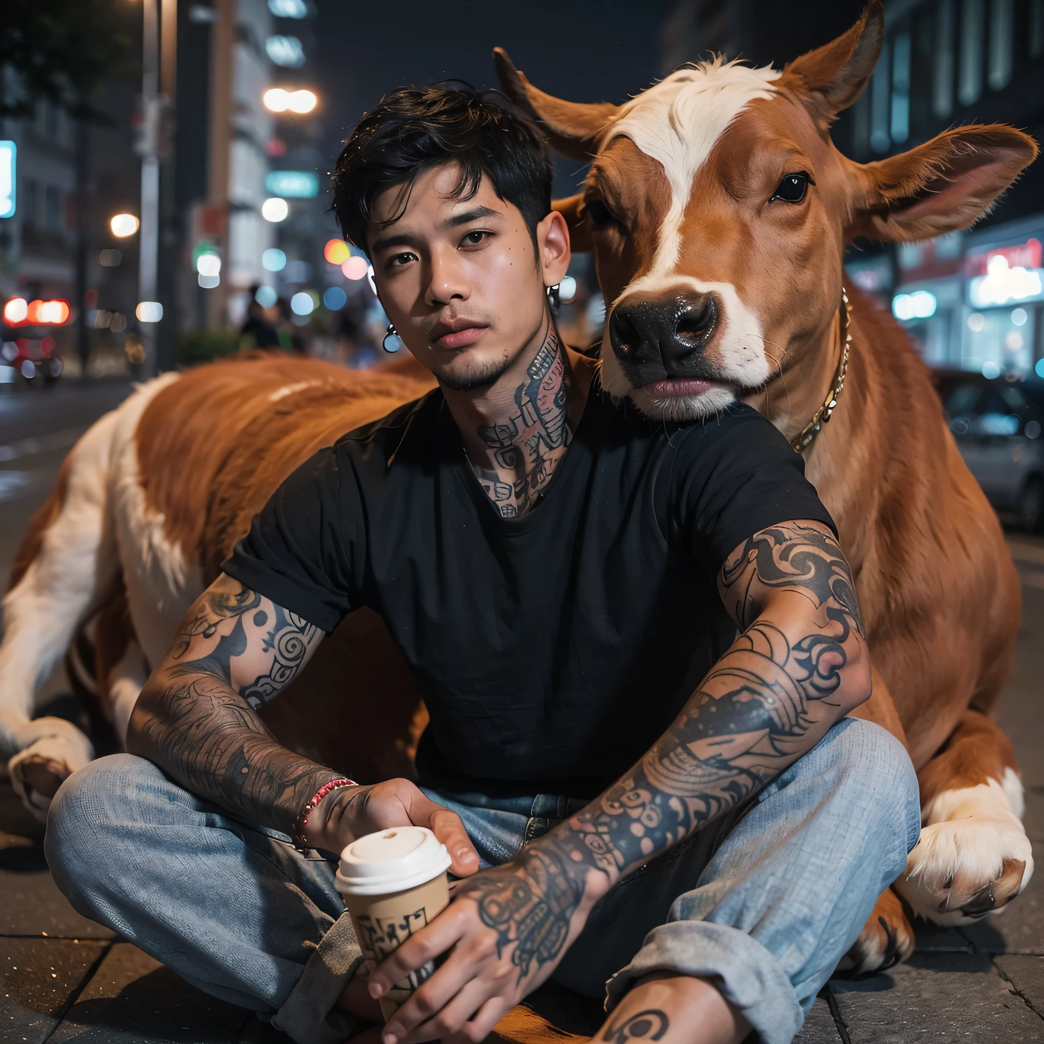 an handsome Indonesian man, short black hair, tattoos on his hands, wearing t-shirt, sitting on the sidewalk of a city street with a cow hugging him, while enjoying coffee and smoking, night view with fairy light, bokeh, soft bokeh on the foreground, high definition photo, photorealistic, shot using at iPhone 15 Pro Max
