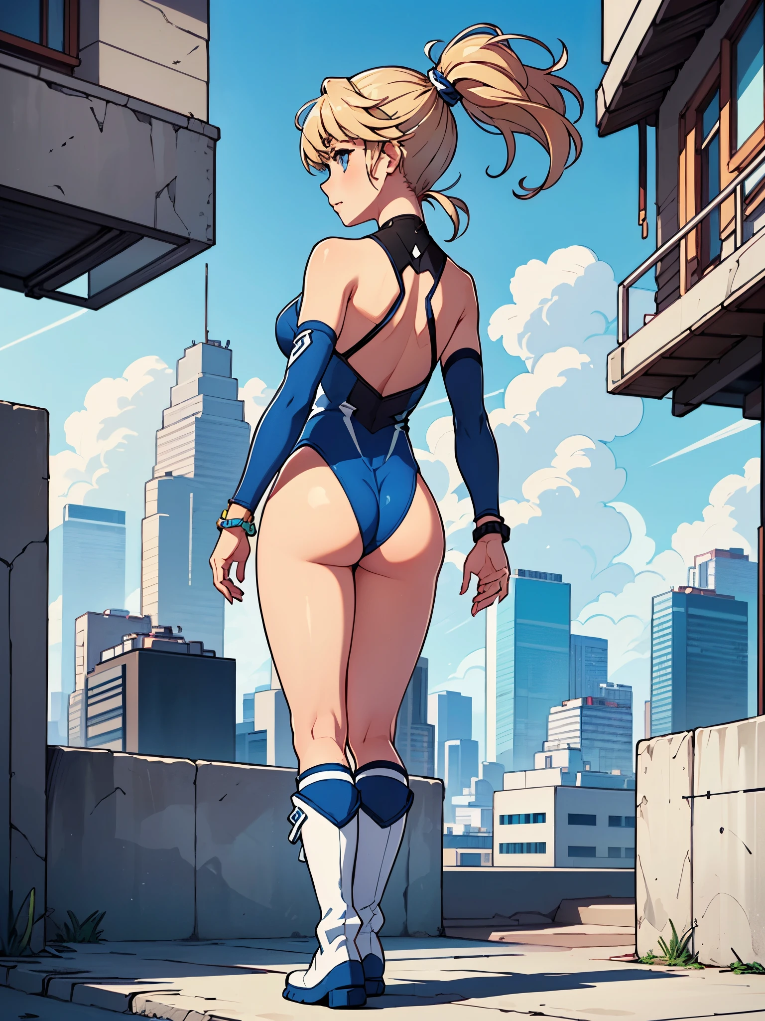1girl, tall body, light blonde hair, aquamarine eyes, boots, , bracelets, full body, hair ornament, ((shoulder-length hair, ponytail, bangs)), full body with costume, ((leotard, perfect leotard, gymnast_outfit leotard, white leotard with blue accents,  legs)), hi-tech shoulder pads, (white boots), , perfect hands, complete fingers, perfect , perfect proportions, solo, solo focus, superhero, beautiful detailed eyes, beautiful detailed face, age 18, asuka suit, full body portrait, standing straight, ((back view)), cityscape