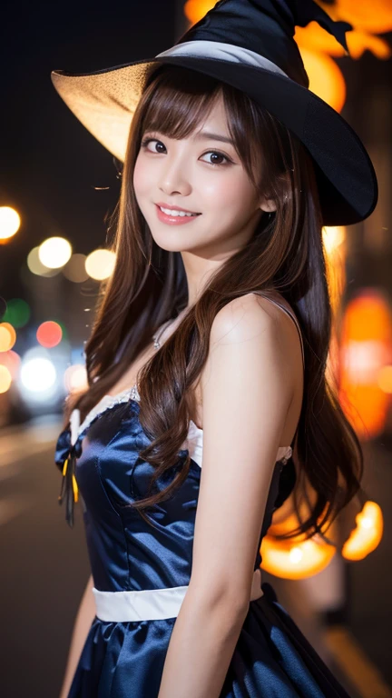 masterpiece、1 beautiful girl、Detailed eyes、Puffy eyes、highest quality, 超A high resolution, (reality: 1.4), Cinema Lighting、Japanese、Asian Beauty、so beautiful、Beautiful Skin、thin、Body facing forward、(超reality的な)、(High resolution)、(8k)、(Very detailed)、(beautiful Detailed eyess)、(Very detailed)、 (wall-)、Detailed face、Bright lighting、Professional Lighting、Looking at the audience、Look straight ahead、Cute witch costume、Halloween Costumes、Long Hair, Asymmetrical bangs, 、Night view、Brown Hair、Japanese Idols、Korean Idol、Fiery idol pose、、23 years old、expensive, smile、City of Halloween、