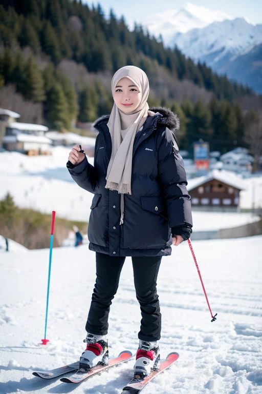 japanese muslim girl, pasmina hijab, perfect body figure, down jacket, white jacket, ski resort