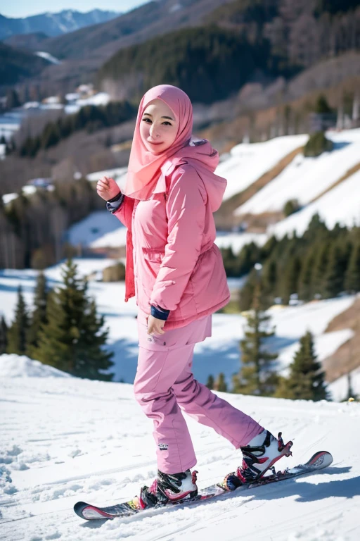 japanese muslim girl, pasmina hijab, perfect body figure, down jacket, pink jacket, ski resort