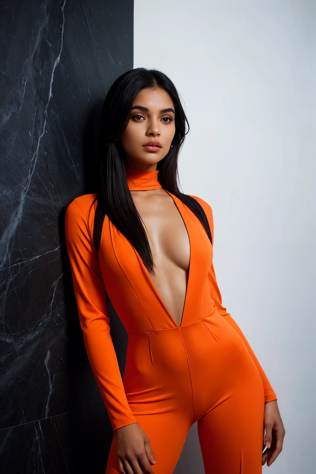In this portrait, a confident-looking Indian girl with long, flowing black hair and hazel eyes commands attention. Captured in a perfect composition, the hyperrealistic and super detailed 8K image features sharp focus and intricate details, making it a high-quality piece of art trending on ArtStation. The style is reminiscent of works by Greg Rutkowski, with neon lighting adding a modern touch.
The girl is wearing a stylish jumpsuit that accentuates her figure. The jumpsuit features a blend of orange and black, with sleek, modern lines that enhance her bold and fashionable appearance. The neon light softly illuminates her face, highlighting her sharp features and confident expression.
The light color bed in the background adds a soft and inviting atmosphere to the portrait, creating a contrast with the modern and edgy jumpsuit. The detailed texture of the fabric, combined with the high-quality rendering of the girl's features and attire, results in a striking and captivating image. The overall composition, intricate details, and sophisticated background make this portrait a standout piece, capturing both elegance and contemporary style.