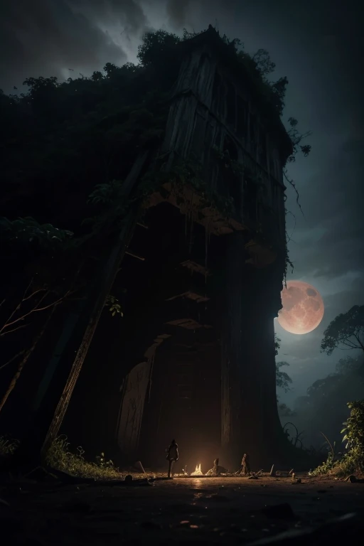 a dark dense Amazon rainforest at night, with in the center and in the background a ruin of a pyramid, in the clear sky you can see a blood moon, horror, dark fantasy, eerie, moody, (best quality,8k,highres,masterpiece:1.2),ultra-detailed,(realistic,photorealistic,photo-realistic:1.37),dramatic shadows, dramatic atmosphere,supernatural, lovecraftian