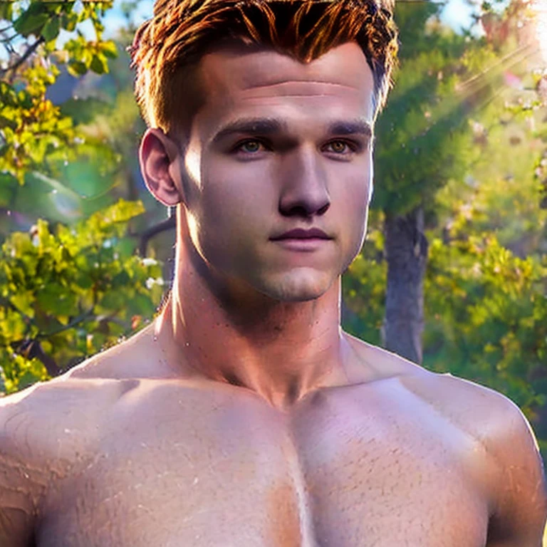 muscular shirtless man wearing shorts, highly detailed face, beautiful eyes, sharp jawline, veiny muscular arms, abs, outdoor setting, sunlight, photorealistic, 8k, ultra-detailed, masterpiece, realistic