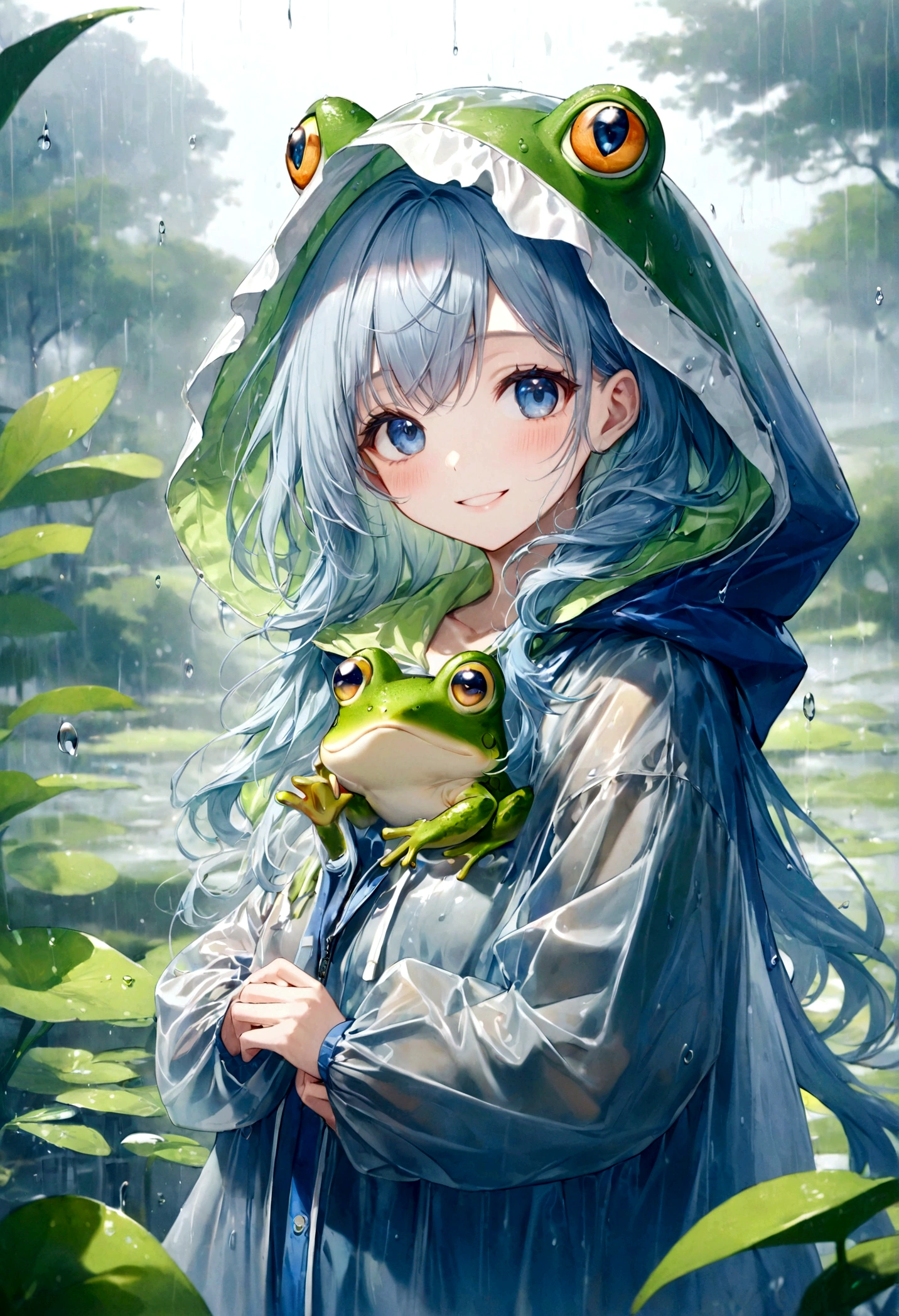 ((top-quality)), ((masterpiece)), ((ultra-detailliert)), (extremely delicate and beautiful), beautiful woman, bright light blue hair, long wavy hair, sapphire blue eyes, wearing a spring green raincoat, raincoat has a cute frog hood, raincoat is sheer, graceful smile, sweet smile, relaxed expression, fair complexion, rainy spring background