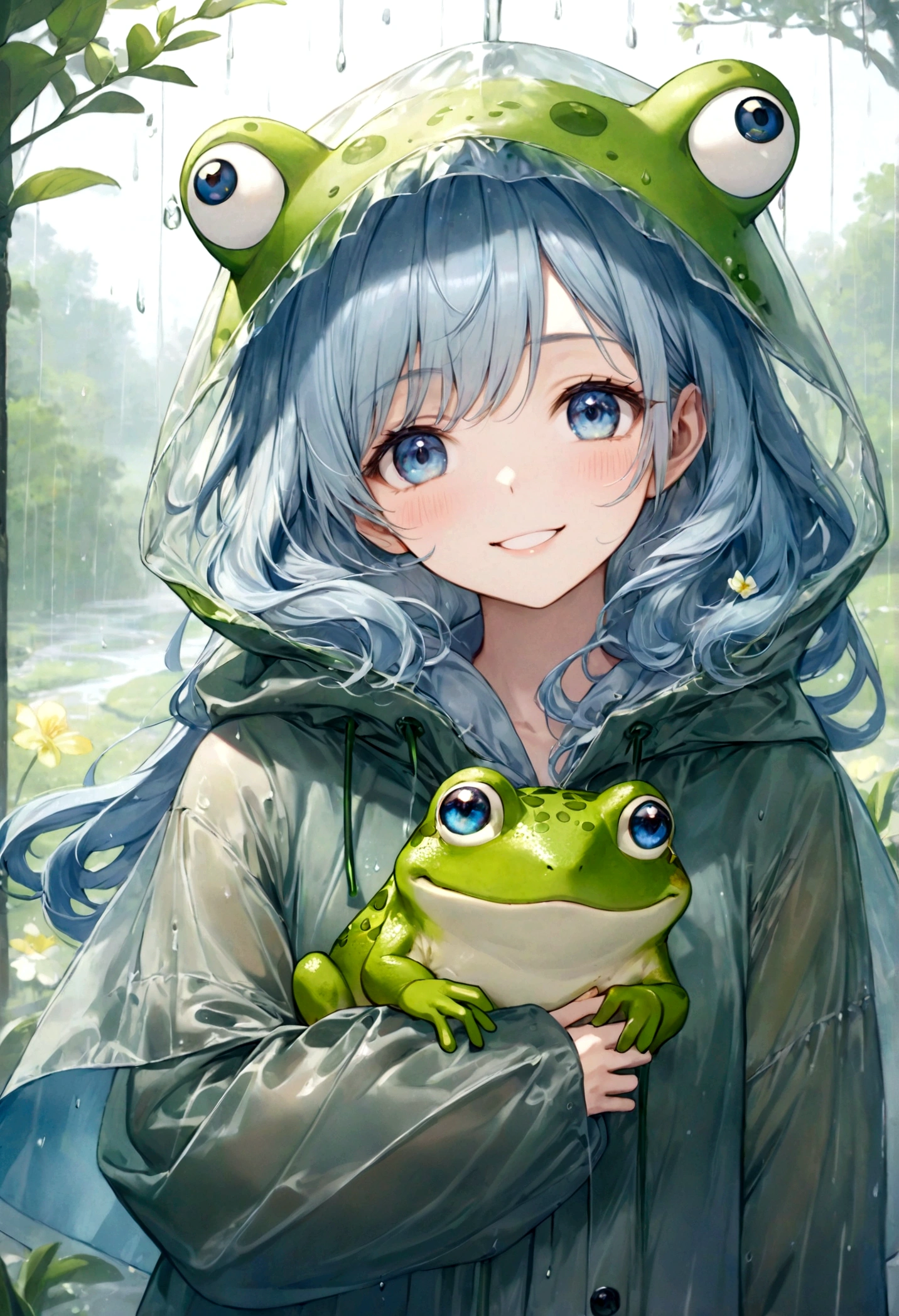 ((top-quality)), ((masterpiece)), ((ultra-detailliert)), (extremely delicate and beautiful), beautiful woman, bright light blue hair, long wavy hair, sapphire blue eyes, wearing a spring green raincoat, raincoat has a cute frog hood, raincoat is sheer, graceful smile, sweet smile, relaxed expression, fair complexion, rainy spring background
