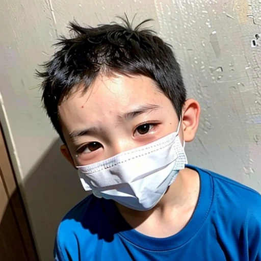 Handsome kindergarten boy with infectious disease、Appearance of suffering. He is wearing a white mask. He has a high fever. he is sleeping. He has a cough. He is exhausted. He is taking his temperature with a thermometer. He is dying. He is cooling his forehead with a cooling gel sheet..Are crying