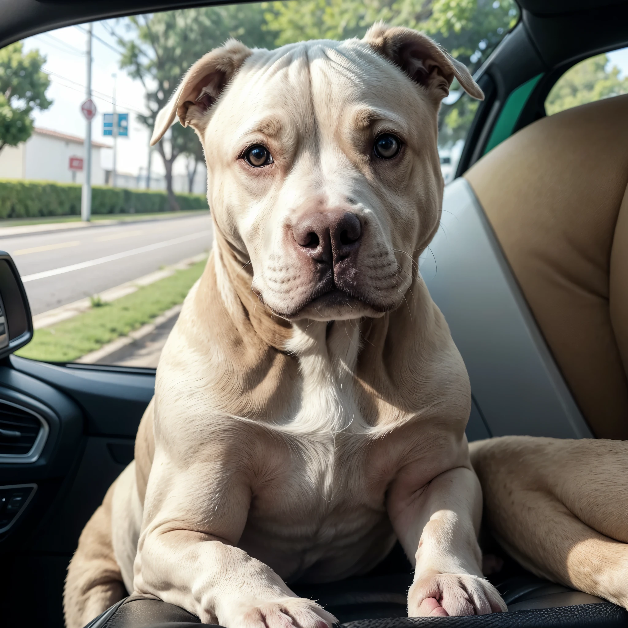 Araffe sentado em uma cadeirinha no banco da frente de um carro, um pastel de Ivan Ranger, tumblr, fotorrealismo, Calvo, young handsome and pale rome, pitbull, cachorro observando o carro, Muito poderoso, intense albino, homem branco, wells, olhar orgulhoso, detalhado!!, ciborgue - pitbull, bulli, com focinho branco, detalhado!