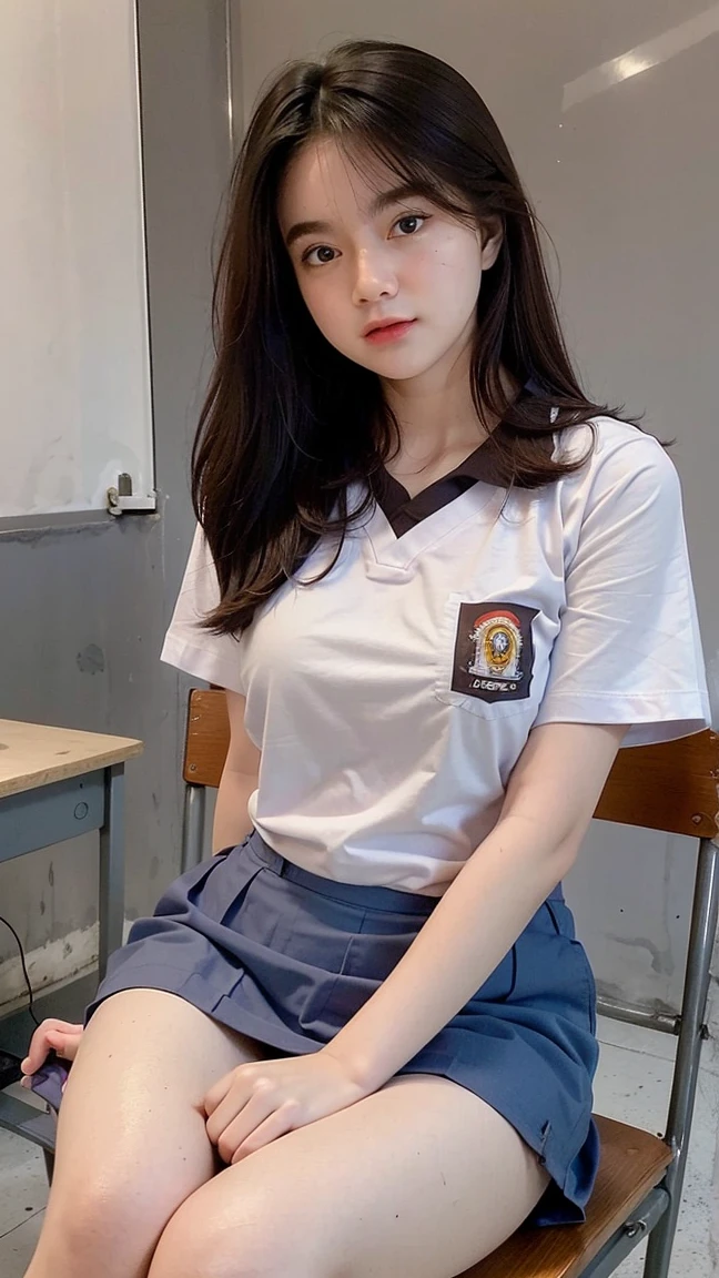 Masterpiece , Beautiful 18 Years Old ,  medium  round Breast , exposed Cleavage , unbuttoned tshirt, ((Wearing High School Uniform)) , High School Skirt , White Sneakers , In Classroom ,  , ((Centre:1.1)), ((Symetric Picture:1.1)) , ((brown Hair:1.1)) , Extremely Detailed , Messy Hair, atractive poses:1.3, sitting with open-legged, knees up