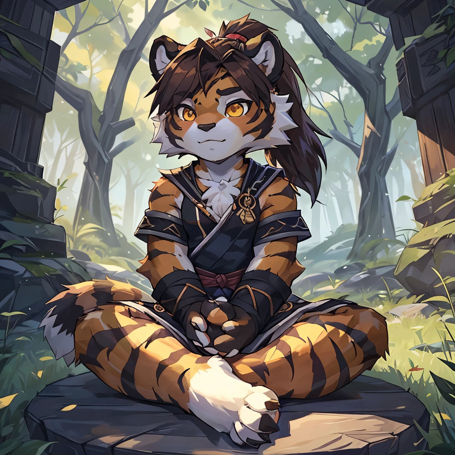 (4fingers), small_round_ears, small_panda_ears, pandaren, world_of_warcraft, furry, anthropomorphic, fluffy_tail, foxtail, cfemale, claws, red_panda, tiger_stripes, tiger_face, flat_chested, short_stack, teen, teenager, amber_eyes, pupils, (tiger_legs), (left_foot_black_fur), (right_foot_white_fur), (four_fingers), waist_long_ponytail, brown_hair, ((three_toes)), ((3toes)), simple clothing, ((detailed_eyes)), ((detailed_face)), detailed_hands, detailed_feet, sitting in a forest, meditating, meditation,