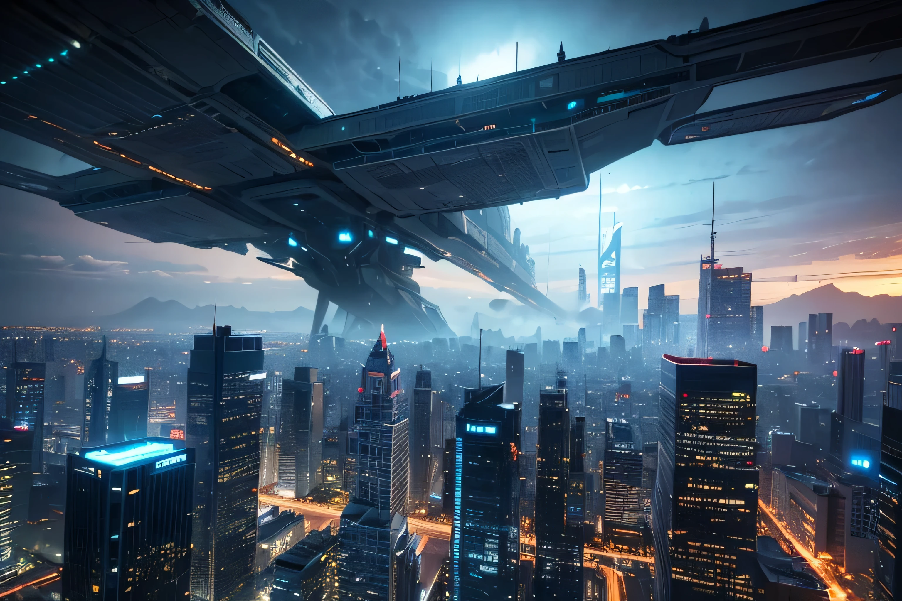 a futuristic sci-fi cityscape, massive towering skyscrapers, advanced flying vehicles and airships in a dramatic sci-fi sky, highly detailed, photorealistic, (( from the sky view of the street)), 8k, ultra-detailed, intricate architecture, atmospheric lighting, vibrant colors, cinematic composition