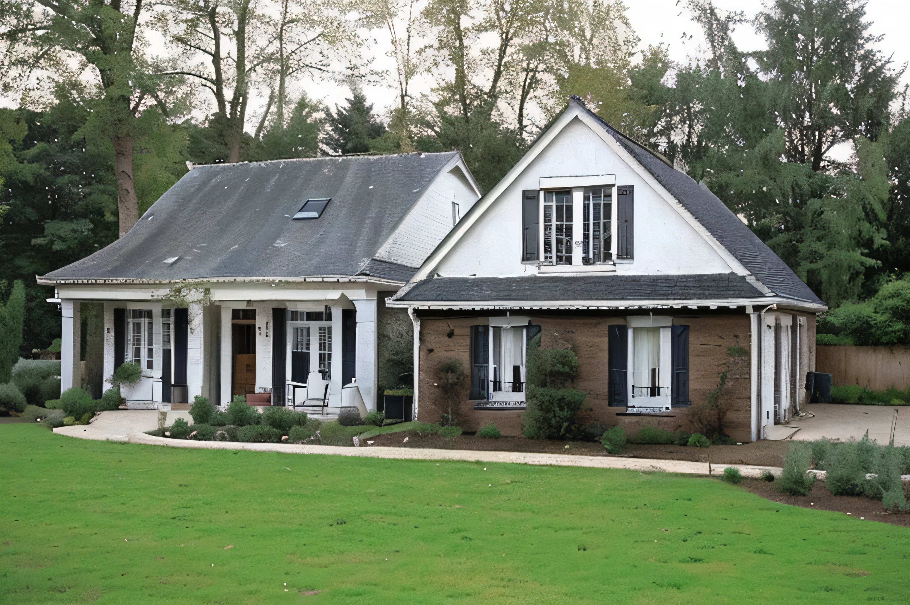 maison en brique arafée avec une garniture blanche et un toit noir, maison de banlieue, avec un porche, Photo from the 2000s, Residential, vue de face dramatique, a median front plane, maison d'artisan, vue de face, Sharp and detailed, parement en planches blanches, un plan lointain de face, belle maison, maison et chez-soi, image absolument exceptionnelle