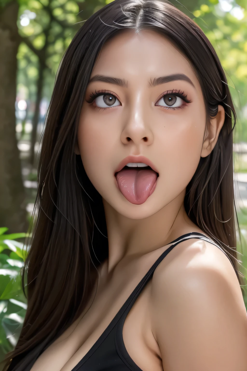 Emery Ratajkowski,rolling eyes, tongue out, long tongue, drooling, ahegao, retina, textured skin, anatomically correct, high details, high quality, ((Dark Eyes,black eye)),Very beautiful face and eyes, Big eyes, 1 female、Real skin type,Pores are visible,In front of the park forest,