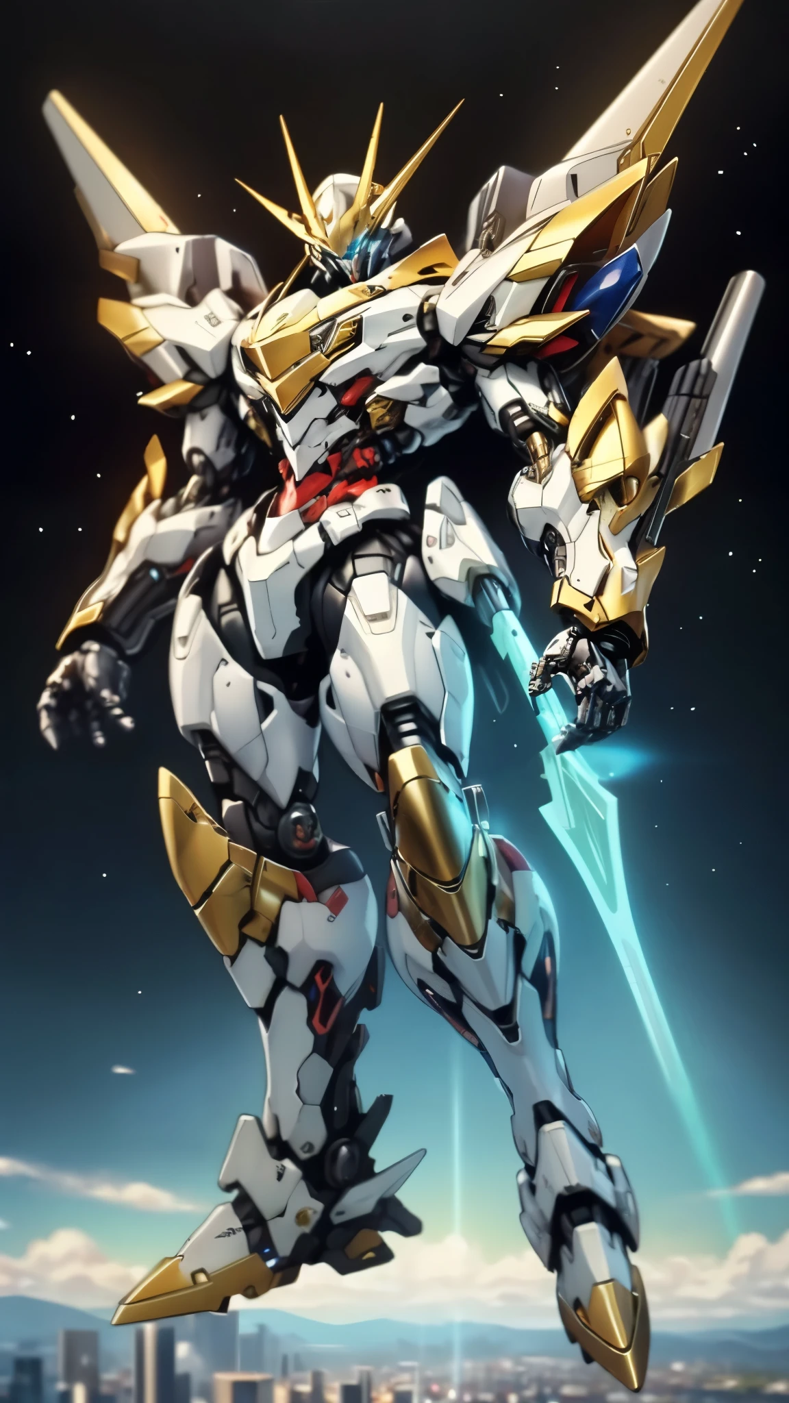 Humanoid Mecha, fully enclosed shoulder guards, matching arm and leg guards, full body, full armor, the design balances heavy with agility, (the color scheme is primarily white with red and blue accents, the concept Inspired by Super robot, organic biotech armor, standing, floating high above the futuristic sci-fi city), exquisite and mature art style, (aura effect, energy, glowing eyes, the armor glows), ((SRS)), metallic, dynamic, dramatic, high definition, best quality, highres, ultra-detailed, ultra-fine painting, extremely delicate, professional, perfect body proportions, anatomically correct, symmetrical face, extremely detailed eyes and face, high quality eyes, creativity, RAW photo, UHD, 32k, Natural light, cinematic lighting, masterpiece-anatomy-perfect, masterpiece:1.5