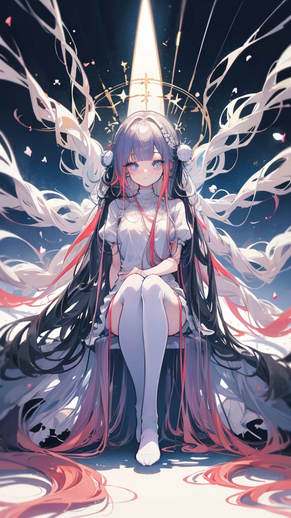 ((masterpiece)), (((best Quality))), ((ultra detailed)), ((illustration)), ((full body)), (Masterpiece, Best quality:1.4), (Beautiful, Aesthetic, Perfect, Delicate, Intricate:1.2), (ultra resolution:1.2), (ultra detailed), long legs, long arms, long torso, perfect body, (ultra realism), 1woman, A cute and skinny adult girl, skinny woman, ((chubby thighs)), posing, majestic view, cute adult woman, ((in the style of Ichikawa Haruko)), Houseki no Kuni, Original character, ((21 years old)), (flat chest:1.3), no breast, ((Hair gradient)), (((very long straight hair))), ((hair goes to floor)), (floor length hair), straight no hair curl, ((straight hair)), hair stringy, (darkest brown hair), (even bangs), straight bangs, (((bangs above eyes))), (space eyes), universe eyes, detailed eyes, ((long eyelashes)), side glance, petty eyes, upper body, arms behind back, arms in the back, squirming, struggle, [[[[[[perfect body, perfect anatomy]]]]]], [[[[[[[[[[[arms behind the back]]]]]]]]]], clothing style houseki no kuni, style houseki no kuni, ((white puff sleeves)), (short sleeves), twisting hips, white collar, (((top white black gradient))), plain white mini dress, uniform, (black school bow tie), legs closed, ((thigh gap)), (((zettai ryouiki))), long socks, thigh high socks, ((happy expression)), smiling, solo woman, all alone, 20 years old, shiny, reflective, Additional lighting, sunlight, daytime, on an island, rolling grassy hills, birds, tall trees, grassy plain, plants