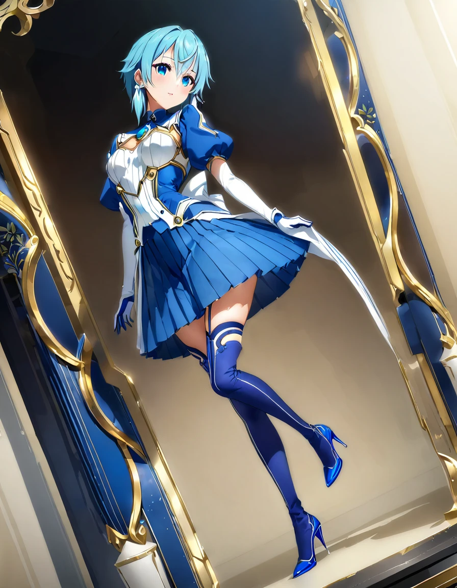 highest quality、unity 8k wallpaper、32k、masterpiece、Very detailed、Ultra-high resolution、Very detailedな顔、RAW Photos、Professional、Ultra-fine painting、Archer of the Sky, Sinon Solus、light blue short hair、Sky blue eyes、Blue magical girl costume、Deep indigo ribbon with a large sapphire brooch、half puff sleeves、(((Blue pleated skirt with white lines)))、Blue and white long gloves、Indigo thigh-high stiletto heel boots with gold molding