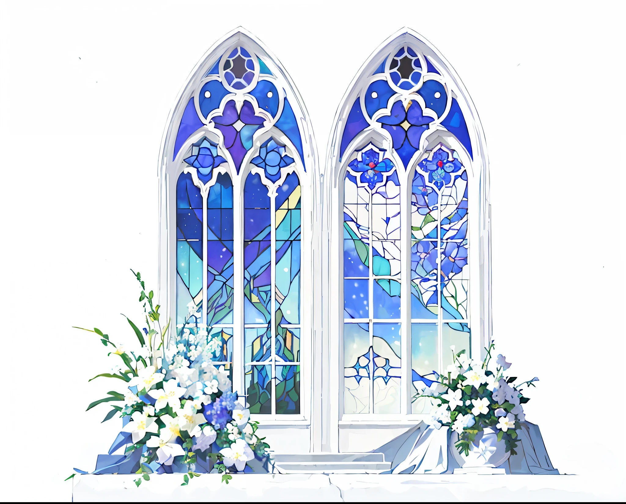 There are two stained windows,White background,There are flowers on it, Anime style, Mysterious cathedral windows, Church windows, white church background,Detailed scenery —width 672, Fairy tale style background