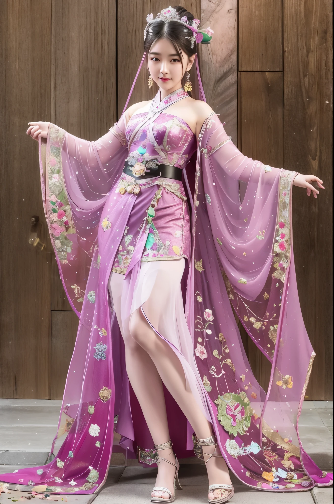 Wearing a star crown, flying colorfully，Wearing a red vestment。The shoes under your feet are full of embellishments，The precious belt around the waist is exquisite。A pair of Najin Lingbo socks，Half exposed skirt with embroidered velvet。Holding the Ruyi Golden Hook，The Jinzunli pole is as long as a python