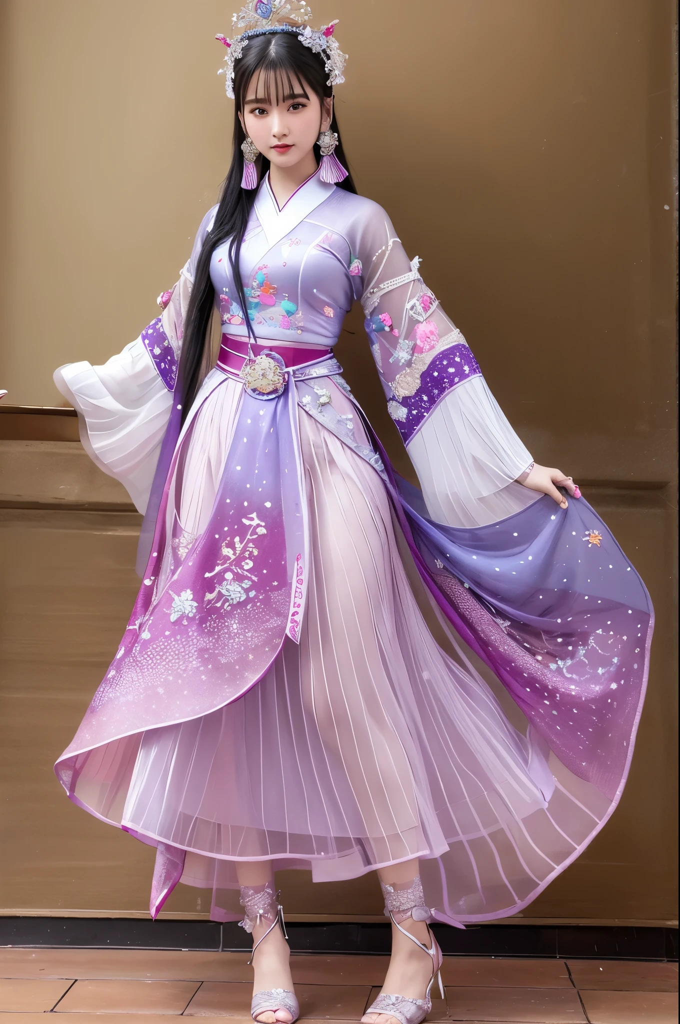 Wearing a star crown, flying colorfully，Wearing a red vestment。The shoes under your feet are full of embellishments，The precious belt around the waist is exquisite。A pair of Najin Lingbo socks，Half exposed skirt with embroidered velvet。Holding the Ruyi Golden Hook，The Jinzunli pole is as long as a python