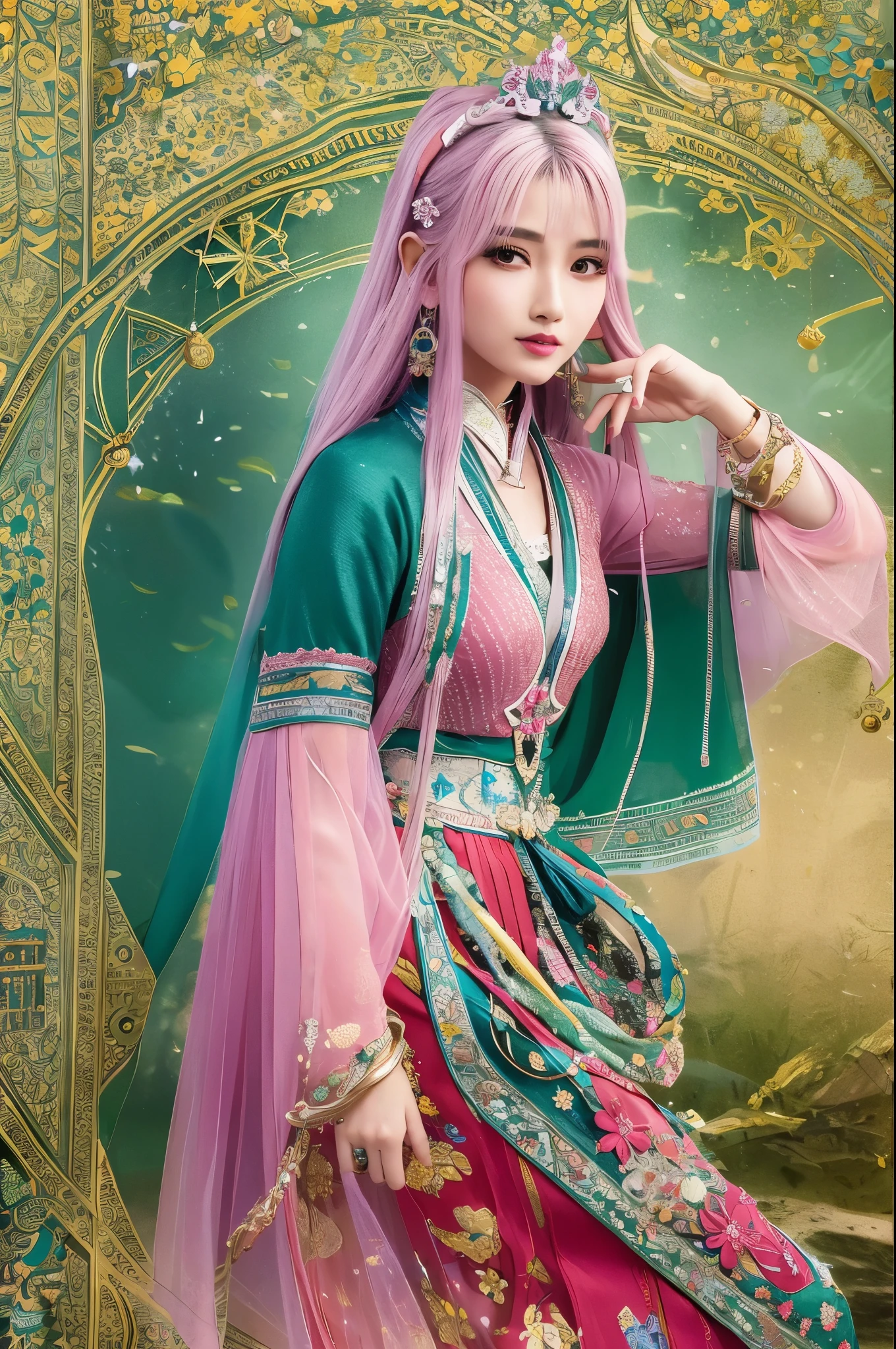 Wearing a star crown, flying colorfully，Wearing a red vestment。The shoes under your feet are full of embellishments，The precious belt around the waist is exquisite。A pair of Najin Lingbo socks，Half exposed skirt with embroidered velvet。Holding the Ruyi Golden Hook，The Jinzunli pole is as long as a python