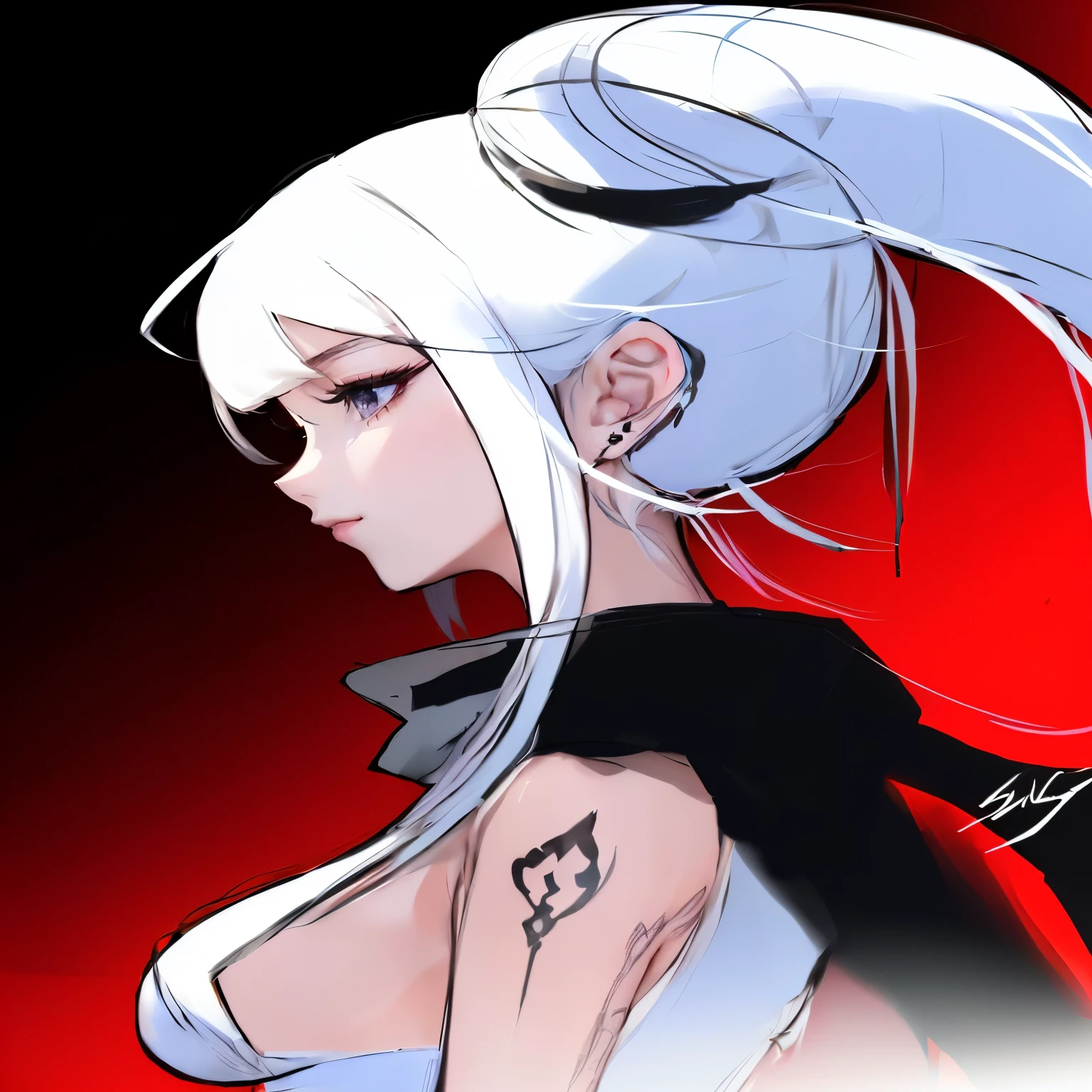 anime White hair的女孩 and tattoos on her chest, White hair, White hair lady, Tifa Lockhart white hair, White hair的女孩, White hair, White hair deity, Anime Girl Profile, perfect White hair girl, Onmyoji Portrait, By Prue, Danganronpa&#39;s Digital Art, Silver Hair (Ponytail), Flat anime-style shadows