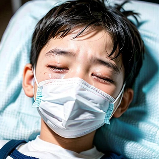 Handsome kindergarten boy with infectious disease、Appearance of suffering. He is wearing a white mask. He has a high fever. he is sleeping. He has a cough. He is exhausted. He is taking his temperature with a thermometer. He is dying. He is cooling his forehead with a cooling gel sheet..Are crying
