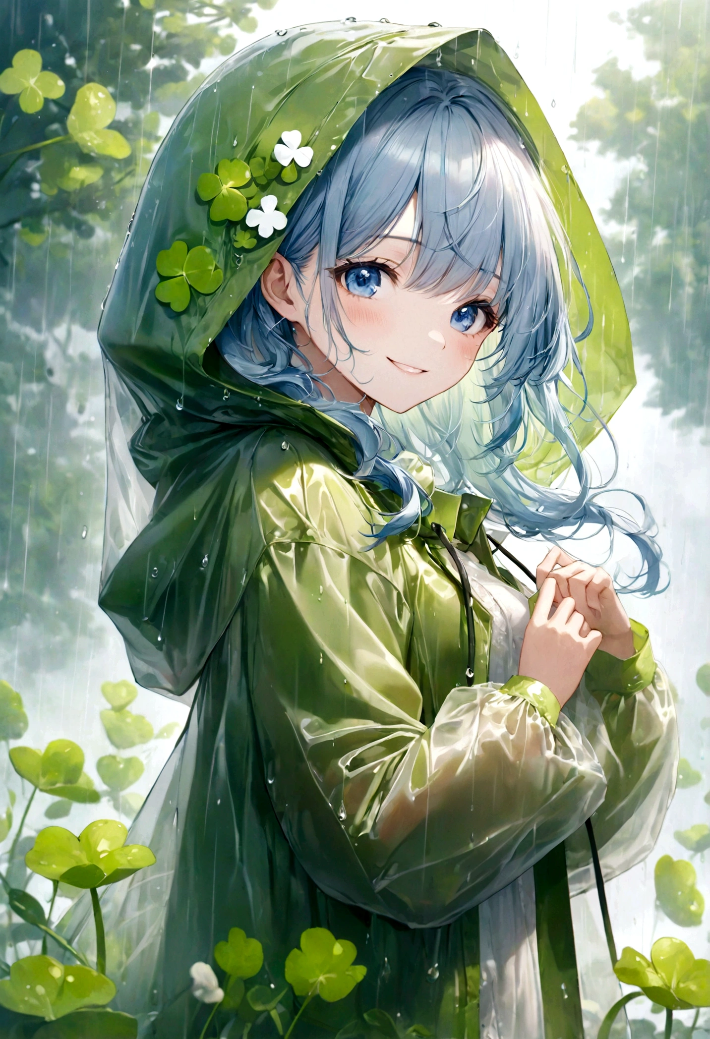 ((top-quality)), ((masterpiece)), ((ultra-detailliert)), (extremely delicate and beautiful), beautiful woman, bright light blue hair, long wavy hair, sapphire blue eyes, wearing a spring green raincoat, raincoat has a hood, raincoat hood has clovers, raincoat hood is sheer, raincoat is sheer, graceful smile, sweet smile, relaxed expression, fair complexion, rainy spring background