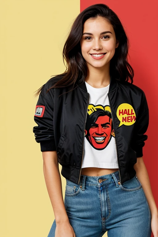 ((best quality)), A blend of pop art and flat design with bold outlines, a limited color palette (focus on red, yellow, and black), and a touch of comic book elements (speech bubble). Mid-20s, with an expressive face that conveys curiosity and knowledge.
A thoughtful expression with a hint of a smile.
Short, brown hair with a side part, styled in a relaxed way.
Wearing a stylish outfit like dark-wash jeans, a graphic t-shirt related to food or health, and a bomber jacket.
Holding a notepad and pen in their hands.