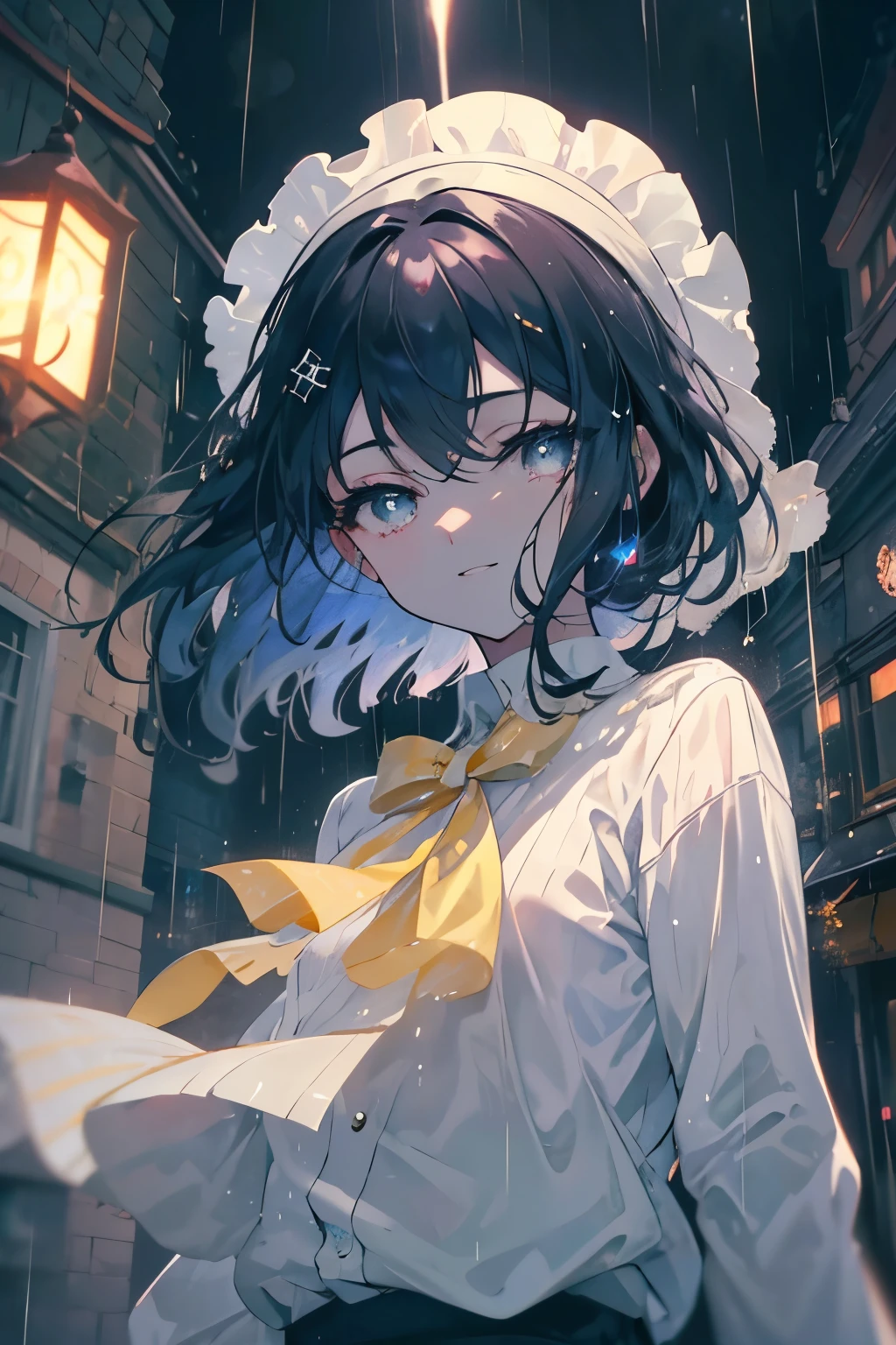 Create exquisite illustrations reminiscent of Makoto Shinkai's style, It has ultra-fine details and top-notch quality. Create a high-quality illustration depicting a nostalgic and fantastical cityscape in the rain, featuring a beautiful boy. The scene should evoke a sense of nostalgia and enchantment, with intricate details and a dreamy atmosphere. The boy stands amidst the rainy city streets, his features beautifully rendered, with rain droplets delicately depicted around him. The cityscape should include elements like wet streets reflecting city lights, old-fashioned buildings, and softly glowing street lamps. Every element should be meticulously crafted to immerse the viewer in a nostalgic and magical urban moment. best quality, masterpiece, expressive eyes, gorgeous, vivid, perfect face, smile, happyness, 2eyes, emotion, detailed pupils, vivid pupils,stunning, life, relfection, peace, warm, compsition, artistic, 4k, wallpaper, bonnet, wind, glowing eyes