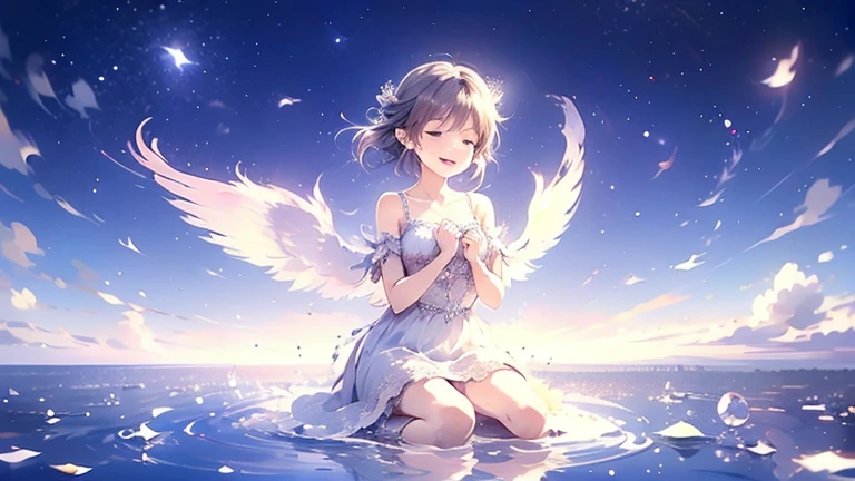 ((Girl floating in the starry sky))、((Multiple Bubbles))、((Beautiful girl in the middle))、((The girl has big wings))、((The girl closes her eyes and smiles gently))、((She has her hands on her chest))((she is wearing a dress))