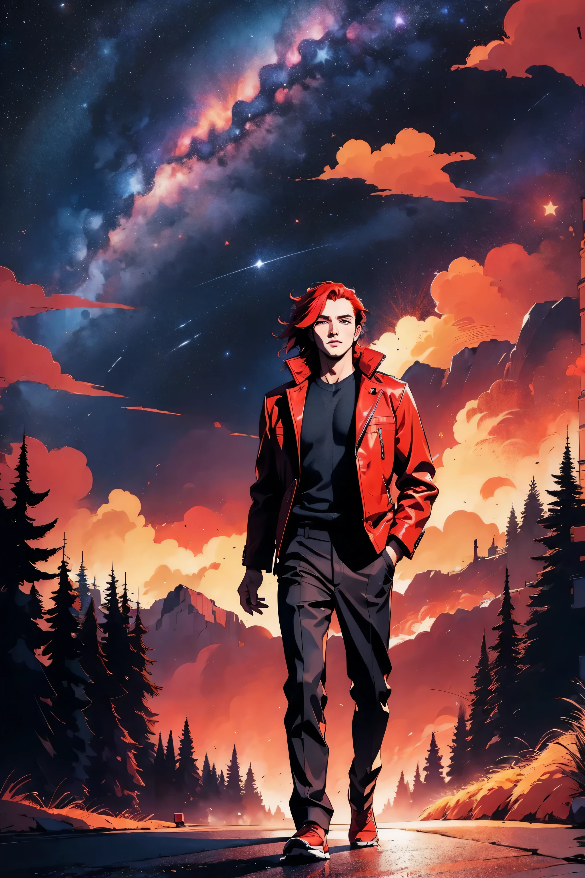 l1s4fr4nk, a man, handsome, robust, red hair, wearing a jacket, positioned on a city road at night, soft urban lighting, starry sky in the background, in a natural pose, best quality