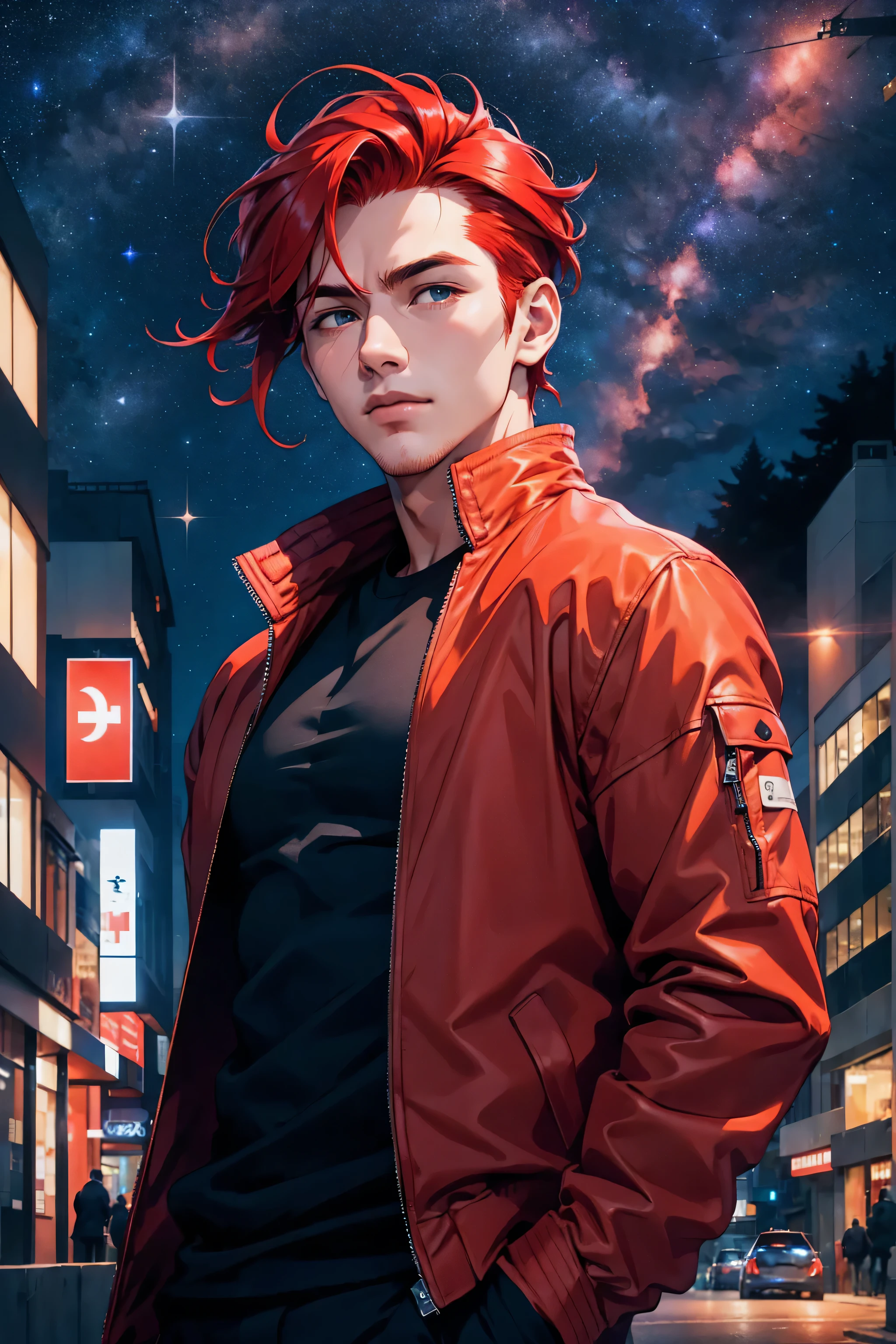 l1s4fr4nk, a man, handsome, robust, red hair, wearing a jacket, positioned on a city road at night, soft urban lighting, starry sky in the background, in a natural pose, best quality