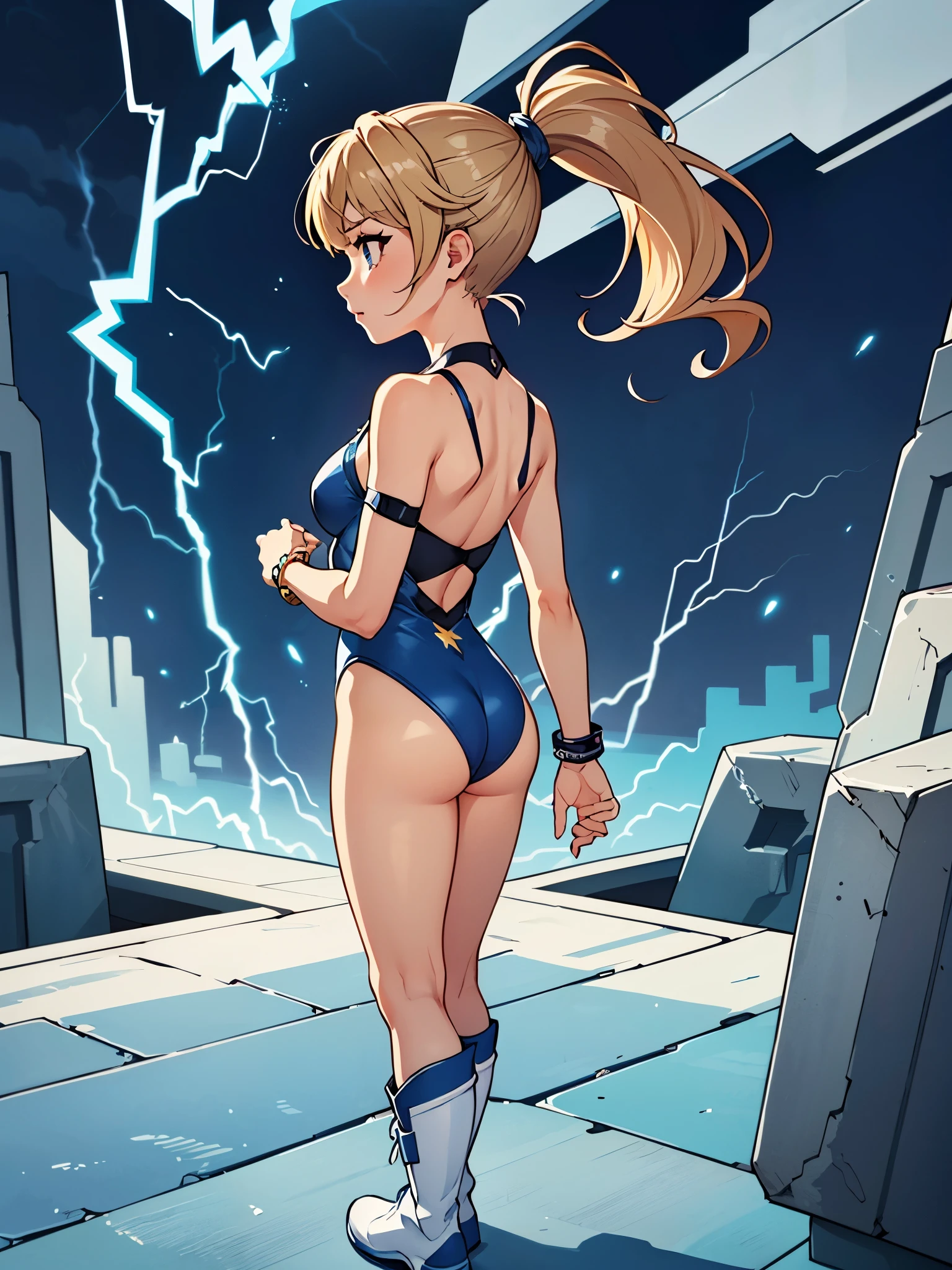 1girl, tall body, light blonde hair, aquamarine eyes, boots, breasts, bracelets, full body, hair ornament, ((shoulder-length hair, ponytail, bangs)), full body with costume, ((leotard, perfect leotard, gymnast_outfit leotard, white leotard with blue accents, bare legs)), hi-tech shoulder pads, (white boots), medium breasts, perfect hands, complete fingers, perfect anatomy, perfect proportions, solo, solo focus, superhero, beautiful detailed eyes, beautiful detailed face, age 18, asuka suit, full body portrait, standing straight, ((blue lightning logo on chest)), ((back view)), cityscape