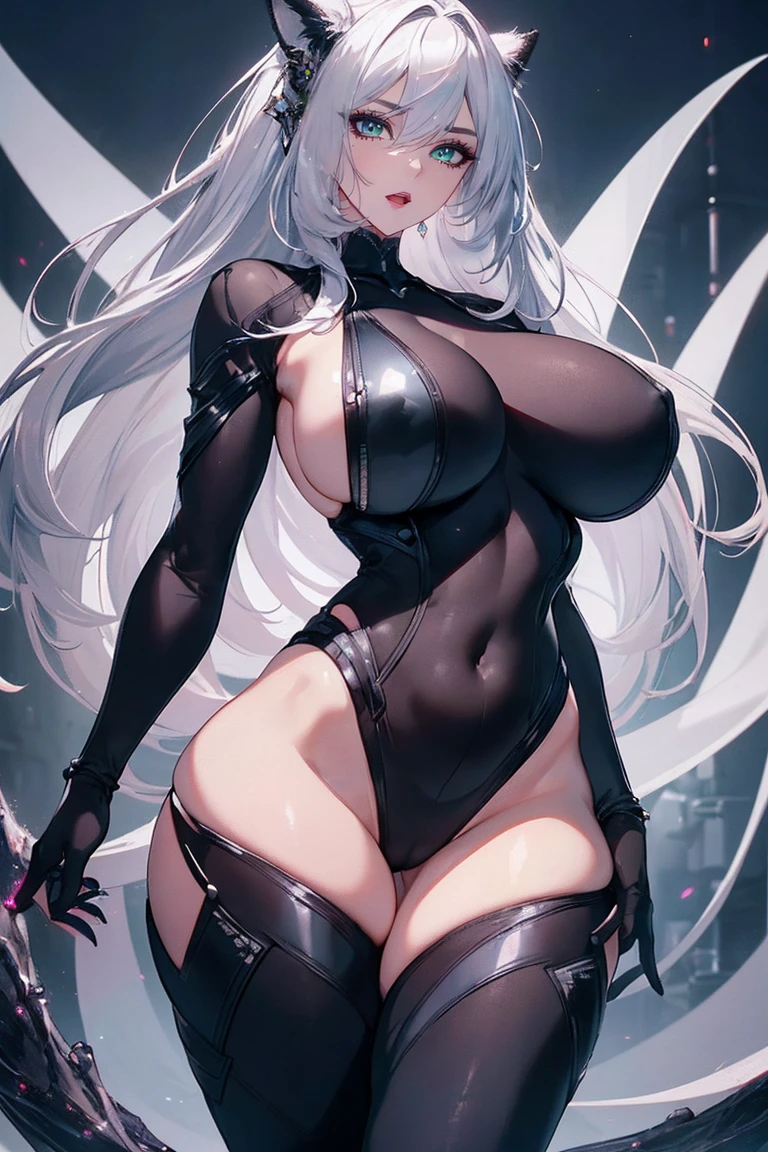 (Uhd, Masterpiece, Textured Skin, Super Detail, High Details, High Quality, Best Quality), Detailed Face, 1woman, mature pretty woman:1.5, (Slim, Huge breasts, wide hips), Silver hair, (Black symbiotic outfit, laboratory project), (Huge body:1.5), (Long Tail), Claws