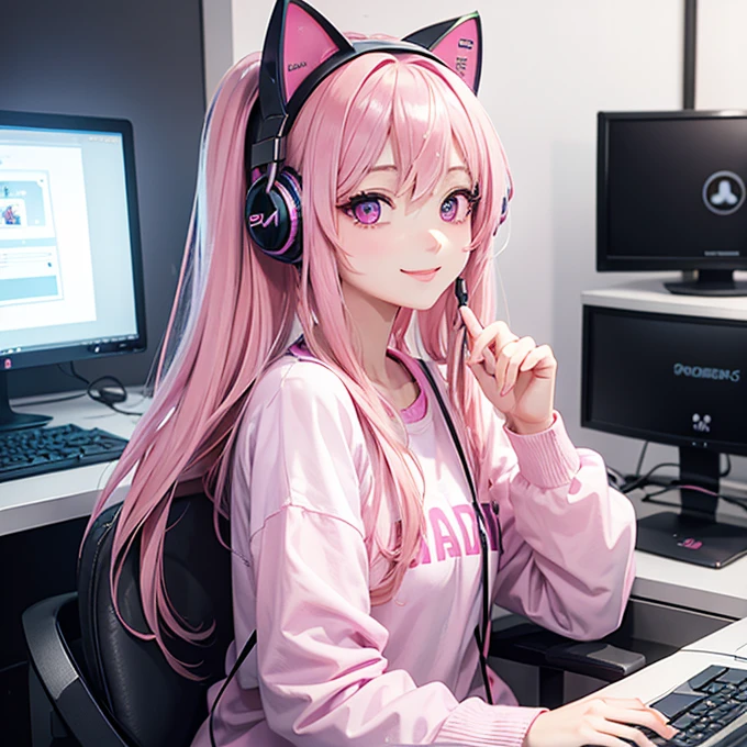 Gamer、headphone、Cat with pink ribbon、Pink Hair、Pink eyes、smile、computer, jersey name SELENE