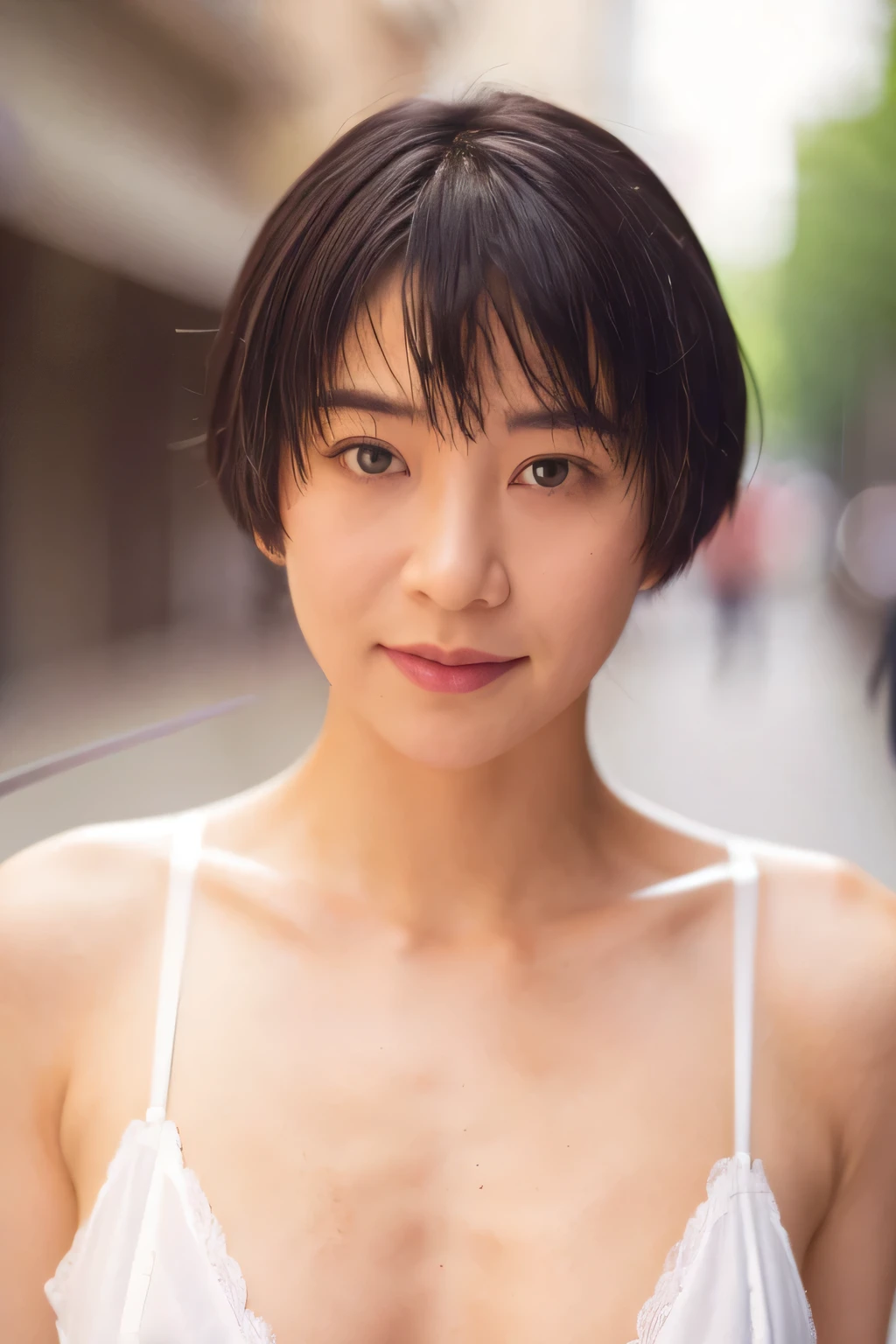 NSFW:1.5,((highest quality、8K resolution、master masterpiece、portrait:1.3)), Photoreal, 35mm film, 1 Japanese female, Upper body、on the street during the day, wrinkles around the eyes、plump body、cleavage、boyish_pixie cut、smile,((white bra_panties:1.3)) , (outdoor:city street 1.3), jumbled background,look at the audience,Tokyo cityscape:1.3