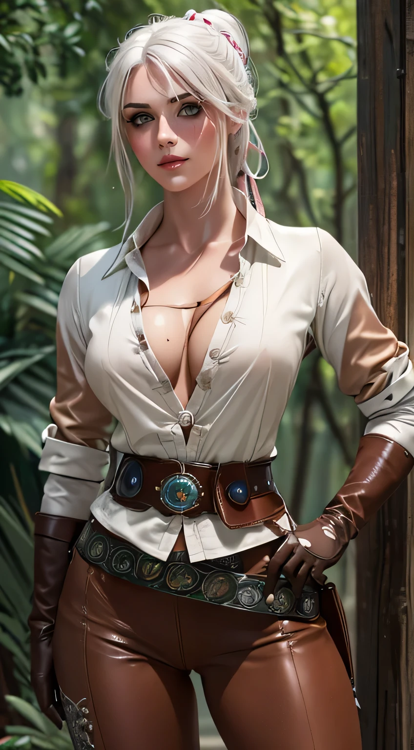 (best quality:1.3), (4k quality),(sharp image), Ciri, ((Detailed face)), ((masterpiece face)),((perfect detailed eyes)) (blush), Ciri, (((white hair,  white tied hair))), green eyes, pink lips, pink lips, sly face, face with stern features, ((detailed face)), perfect face, highly detailed eyes, masterpiece, absurdres , (intricate details), (colorful),cinematic lighting, extremely detailed CG unity 8k wallpaper , 1girl, solo, mature female, erected tits, fit body, cameltoe ,((( white shirt, brown leather leggings, belt, brown leather gloves))), (tricky glance, wicked smile), forest, ((perfect small erected breast)), (((standing and showing her ass)))(((from behind)))