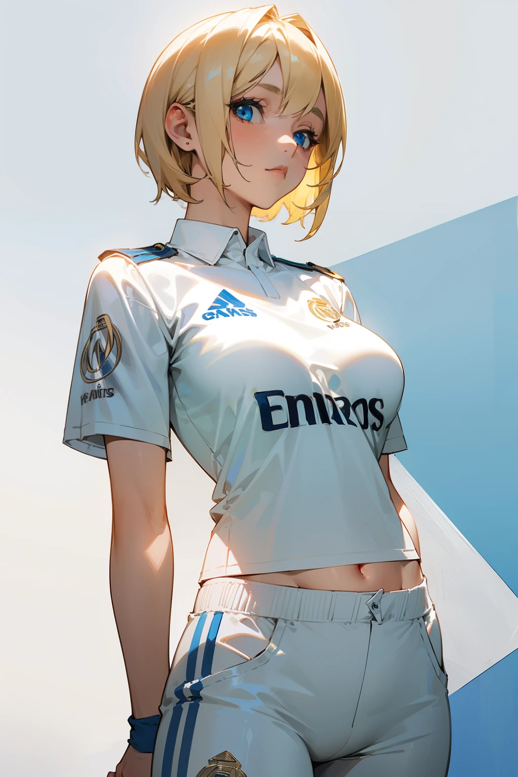 Girl, short blond hair, blue eyes, big breasts, short white pants, wearing a Real Madrid kit, Real Madrid logo,