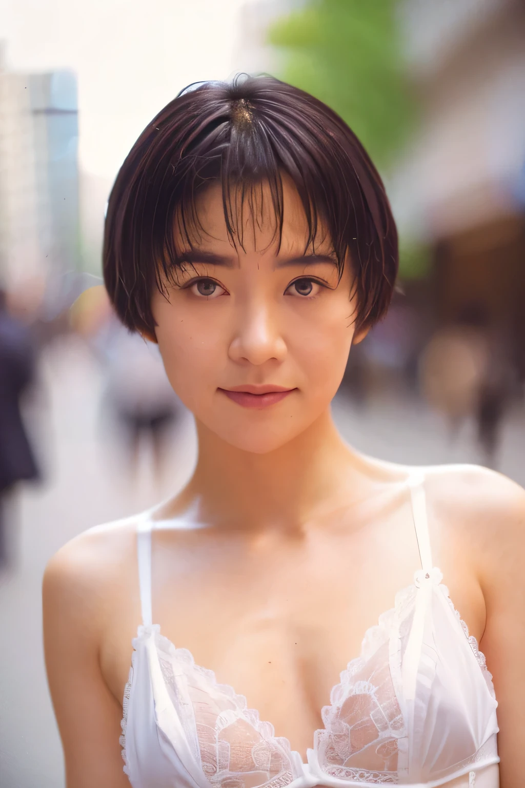 NSFW:1.5,((highest quality、8K resolution、master masterpiece、portrait:1.3)), Photoreal, 35mm film, 1 Japanese female, Upper body、on the street during the day, wrinkles around the eyes、plump body、cleavage、boyish_pixie cut、smile,((white bra_panties:1.3)) , (outdoor:city street 1.3), jumbled background,look at the audience,Tokyo cityscape:1.3