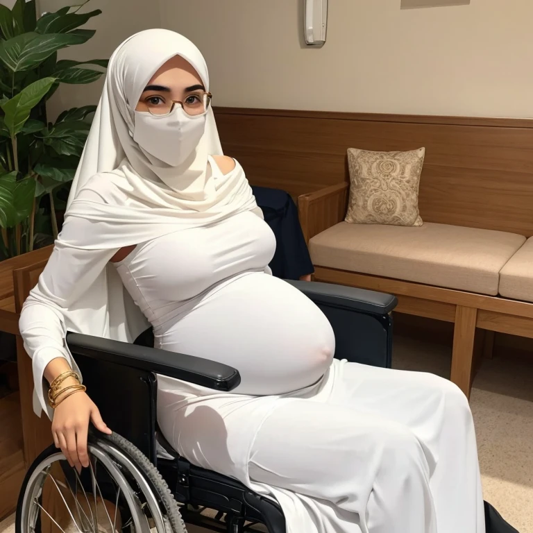 A beautiful high school glasses Arabian  girl model in heavily pregnant, white skin, sharp nose, thin lips, circle face, skinny hands, skinny legs, tight bra, huge breast, off shoulder, wear hijab, arm sleeves, golden bangles, bracelets, necklaces, swiss polo watch, sitting on the wheelchair, hospital ward as the background, detailed squinting eyes, detailed horny face