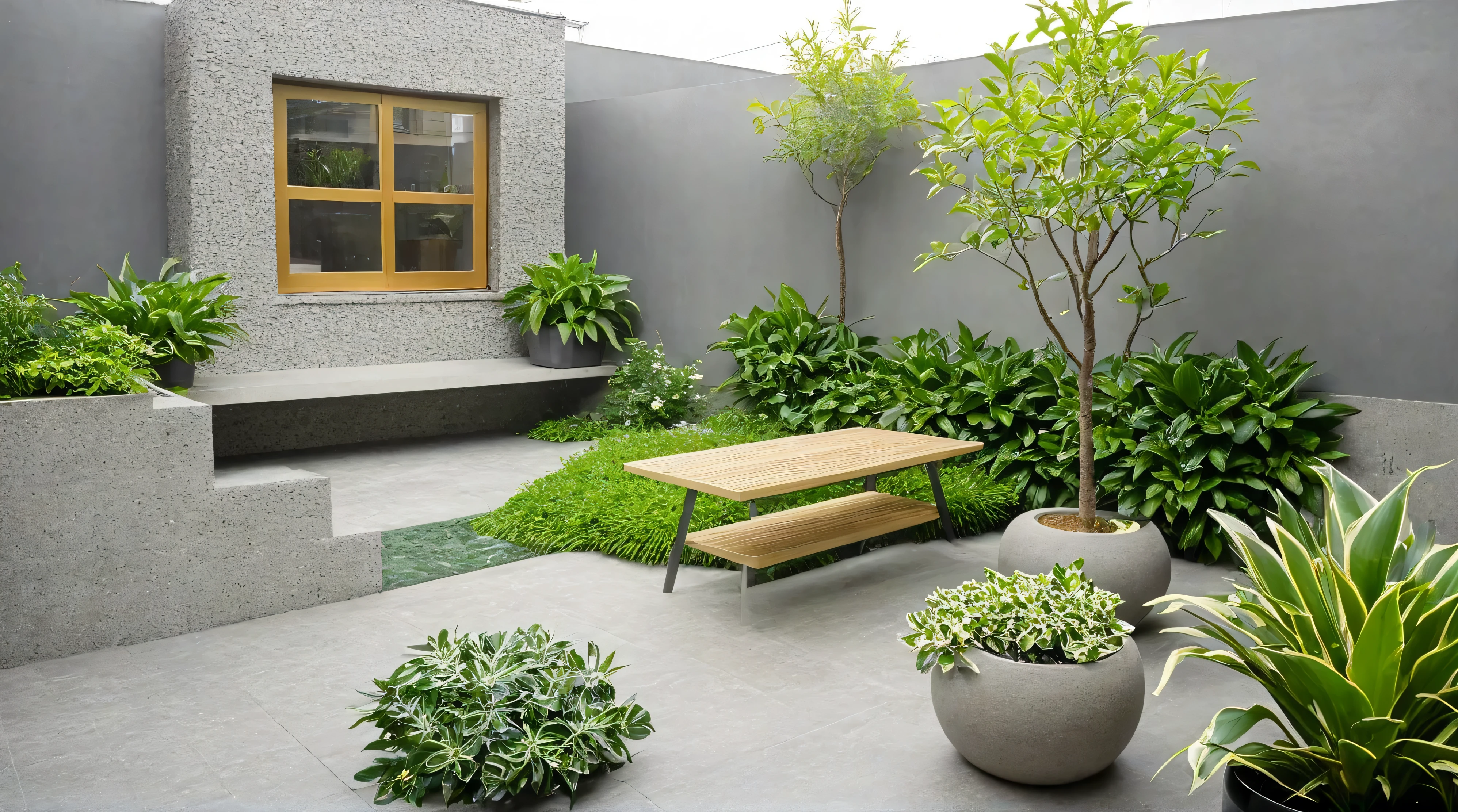 qlcd, tingyuan, no humans, scenery, tree, outdoors, plant, day, potted plant, building, window,This picture shows a modern style outdoor courtyard design. There is a multi-level cement platform in the center of the courtyard, with yellow lights embedded below the platform, creating a warm atmosphere. The edge of the platform is decorated with some small stones. A set of sofas and a coffee table were placed on the platform, with some green plants and flowers next to them. There is a small tree in the background, with its leaves showing a new green color. The entire scene is surrounded by a gray wall, with some shelves displaying more plants and decorations. On the right is a closed wooden door with a simple and modern design