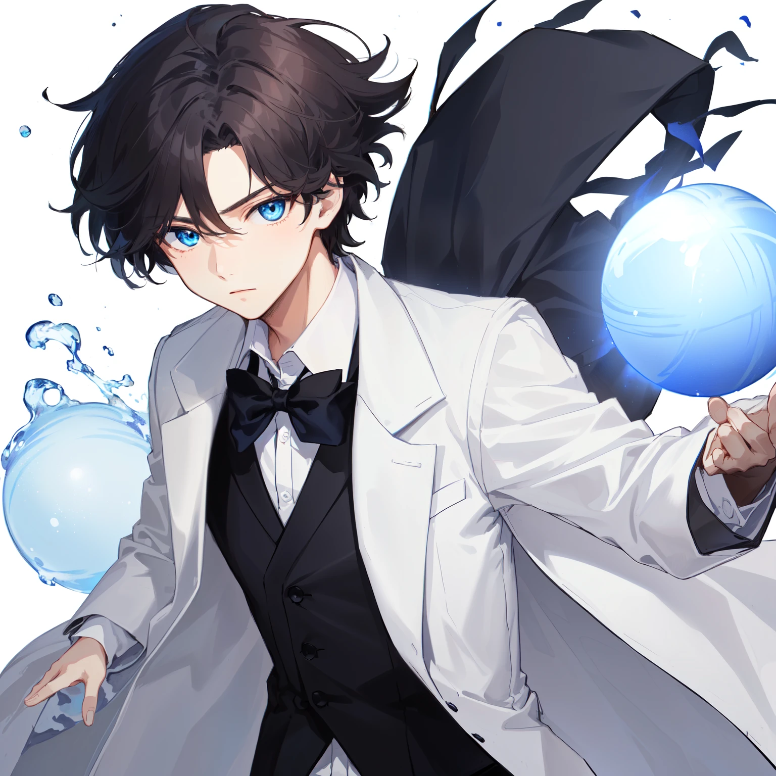 1boy, anime, short_face_framing_hair, dark_brown_hair, white_loose_long_coat, black_waistcoat, dark_blue_eyes, white_background, blue_orbs, looking_at_viewer, diplomat