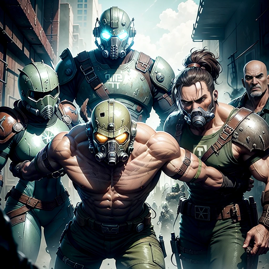 (group photo of Many characters from the Fallout)+ vault dweller from the Fallout+ raider from the Fallout+ supermutant from the Fallout+ Ghoul from the Fallout+ Deathclaw from the Fallout + power armor knight from the Fallout+ Radscorpion from the Fallout